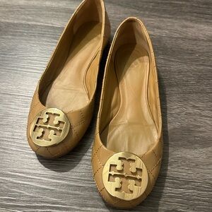 Tory Burch Camel Quilted Flats with Gold Emblem